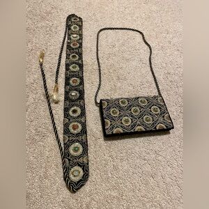 Vintage Zardori Elegant Black and Gold Embroidered Women's Bag and Belt